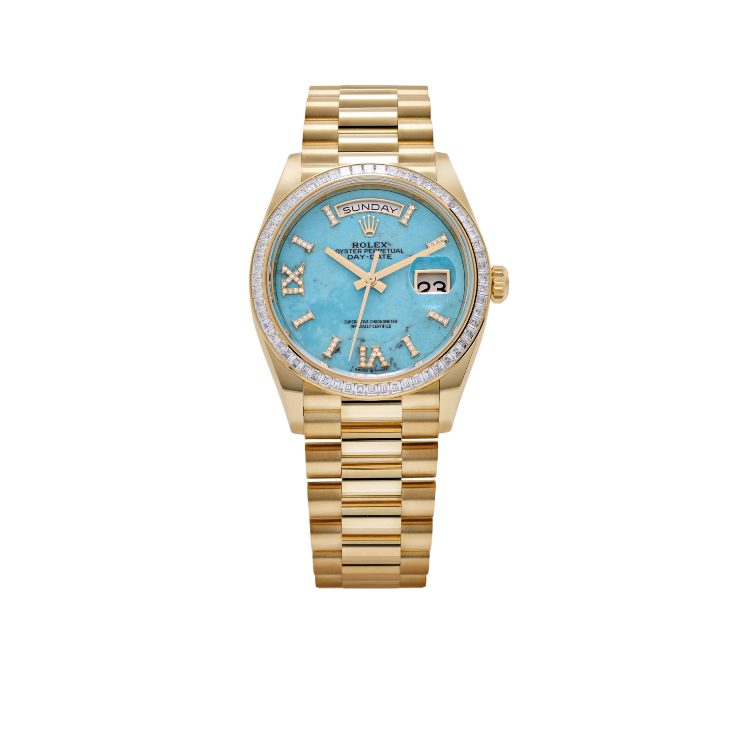 Rolex Day-Date 36mm Yellow Gold Turquoise Stone Diamond Roman Numerals Dial Diamond Bezel 128398TBR