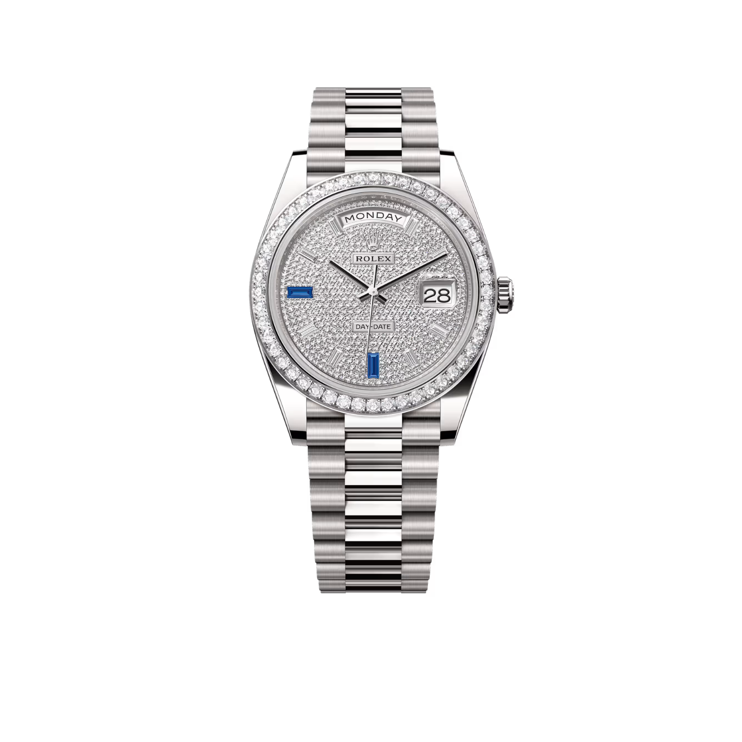 Rolex Day-Date 40 President White Gold Diamond Paved Dial with Sapphires 228349RBR