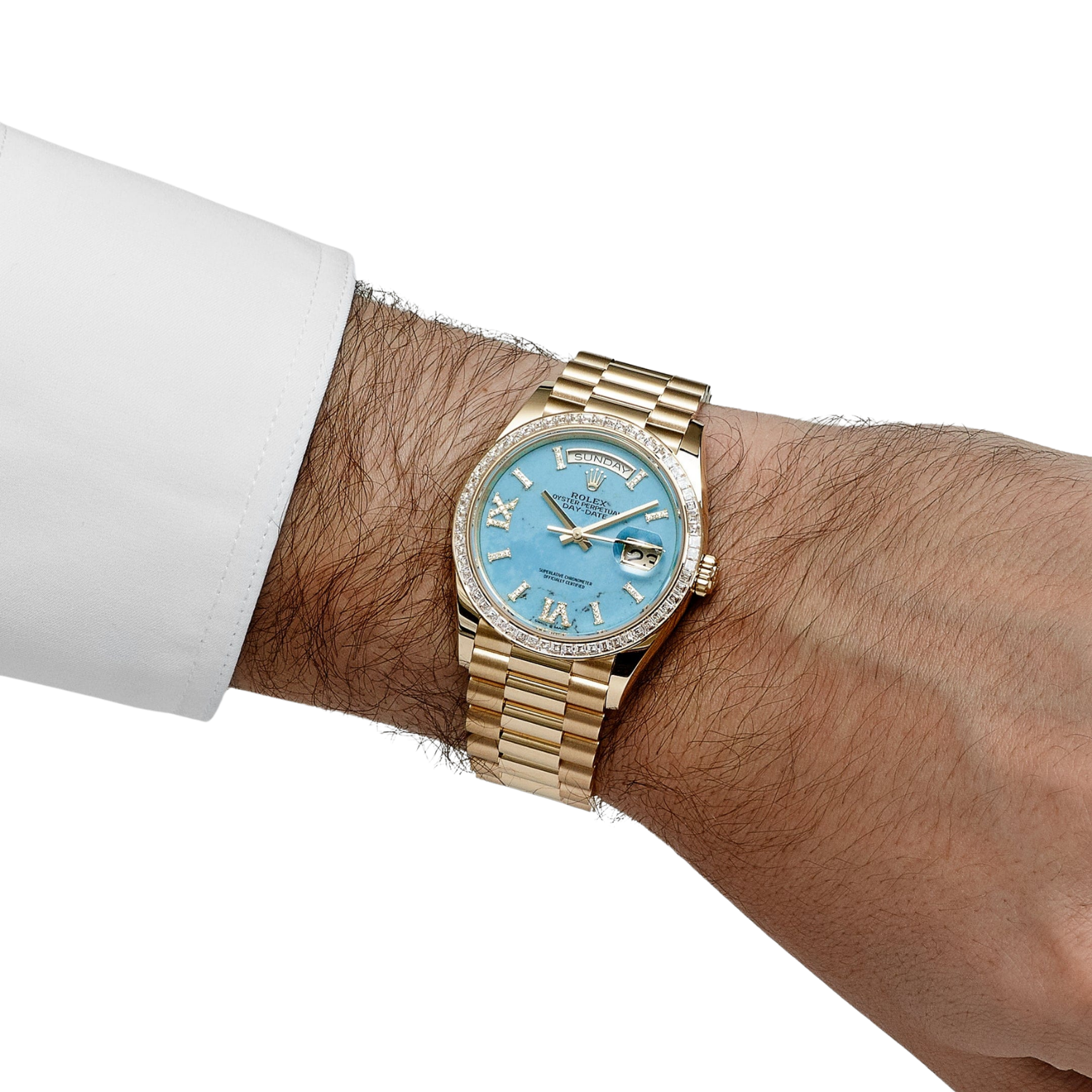 Rolex Day-Date 36mm Yellow Gold Turquoise Stone Diamond Roman Numerals Dial Diamond Bezel 128398TBR - Image 3