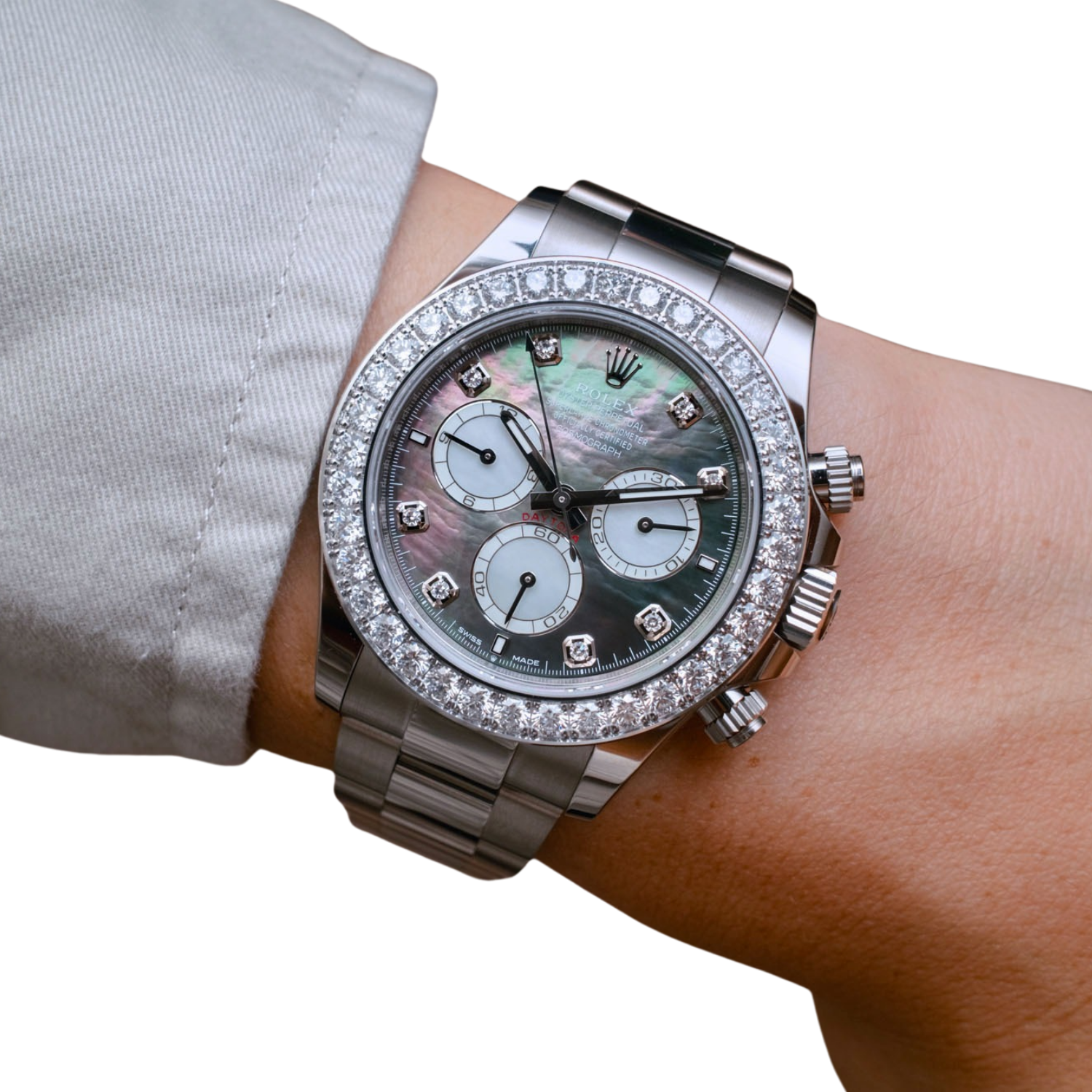 Rolex Daytona 40mm Oyster White Gold Black and White Mother of Pearl Diamond Dial & Bezel 126579RBR - Image 2