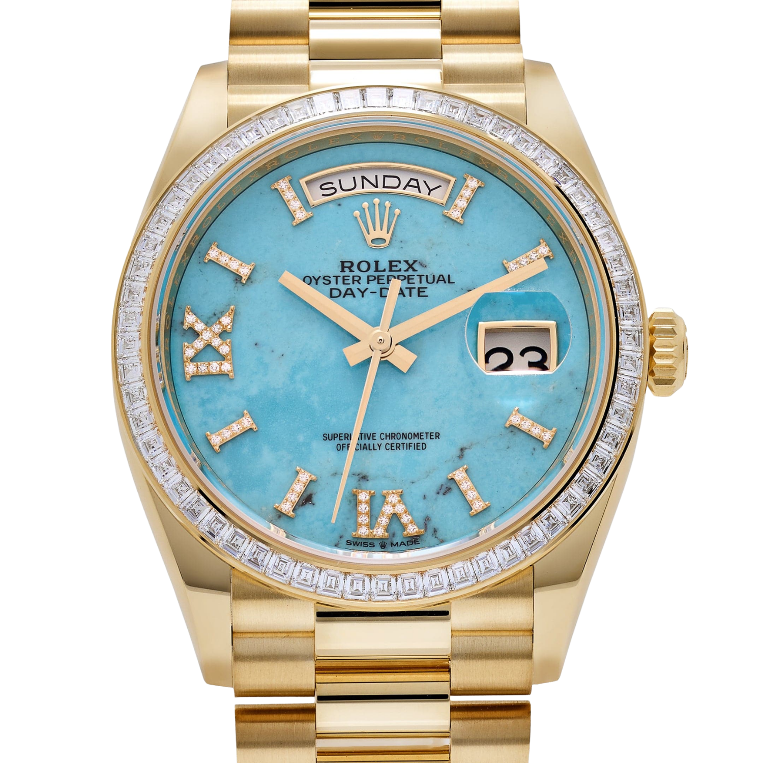 Rolex Day-Date 36mm Yellow Gold Turquoise Stone Diamond Roman Numerals Dial Diamond Bezel 128398TBR - Image 4