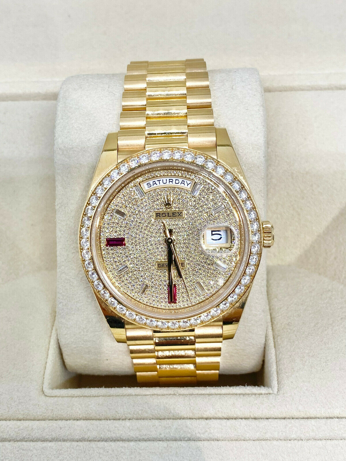 Rolex Day-Date 40mm Yellow Gold Diamond Ruby Pave Dial Diamond Bezel 228348RBR - Image 10