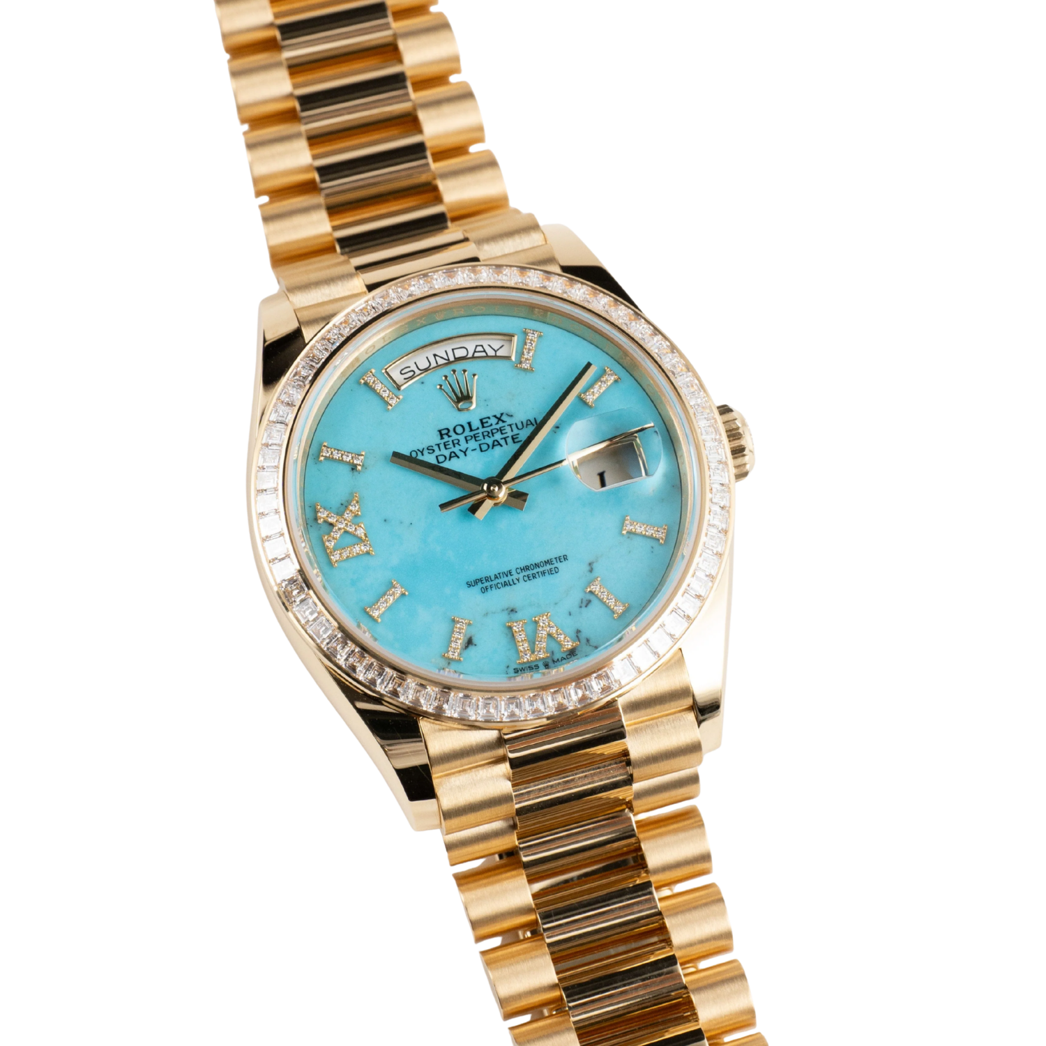 Rolex Day-Date 36mm Yellow Gold Turquoise Stone Diamond Roman Numerals Dial Diamond Bezel 128398TBR - Image 5