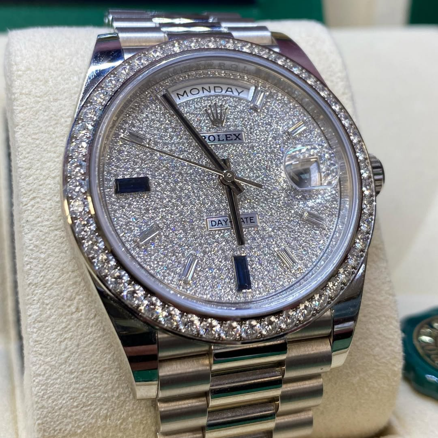 Rolex Day-Date 40 President White Gold Diamond Paved Dial with Sapphires 228349RBR - Image 6
