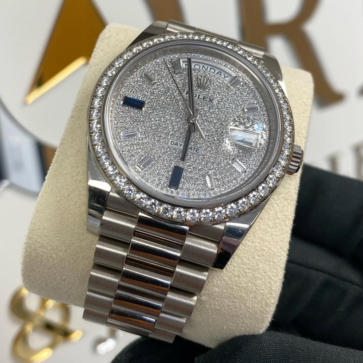 Rolex Day-Date 40 President White Gold Diamond Paved Dial with Sapphires 228349RBR - Image 7