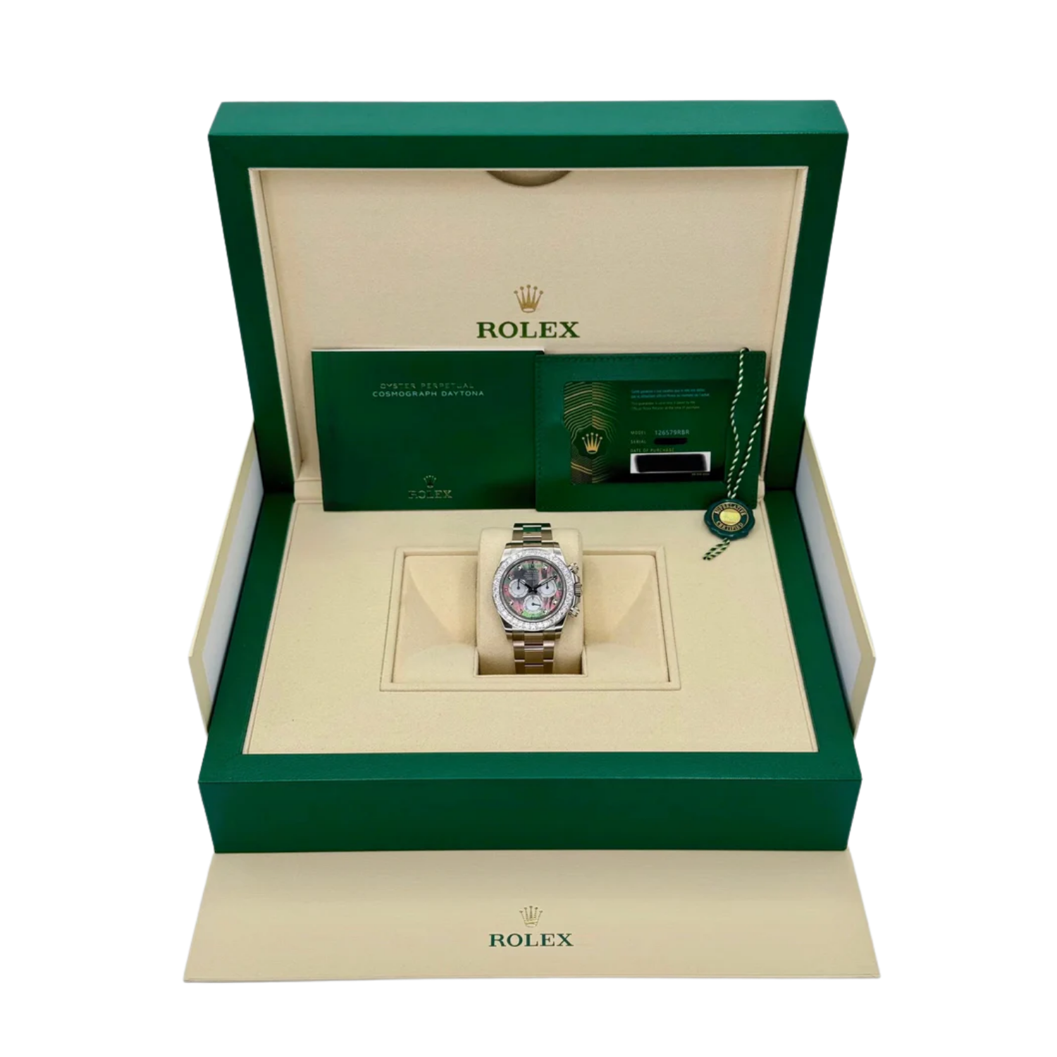 Rolex Daytona 40mm Oyster White Gold Black and White Mother of Pearl Diamond Dial & Bezel 126579RBR - Image 7