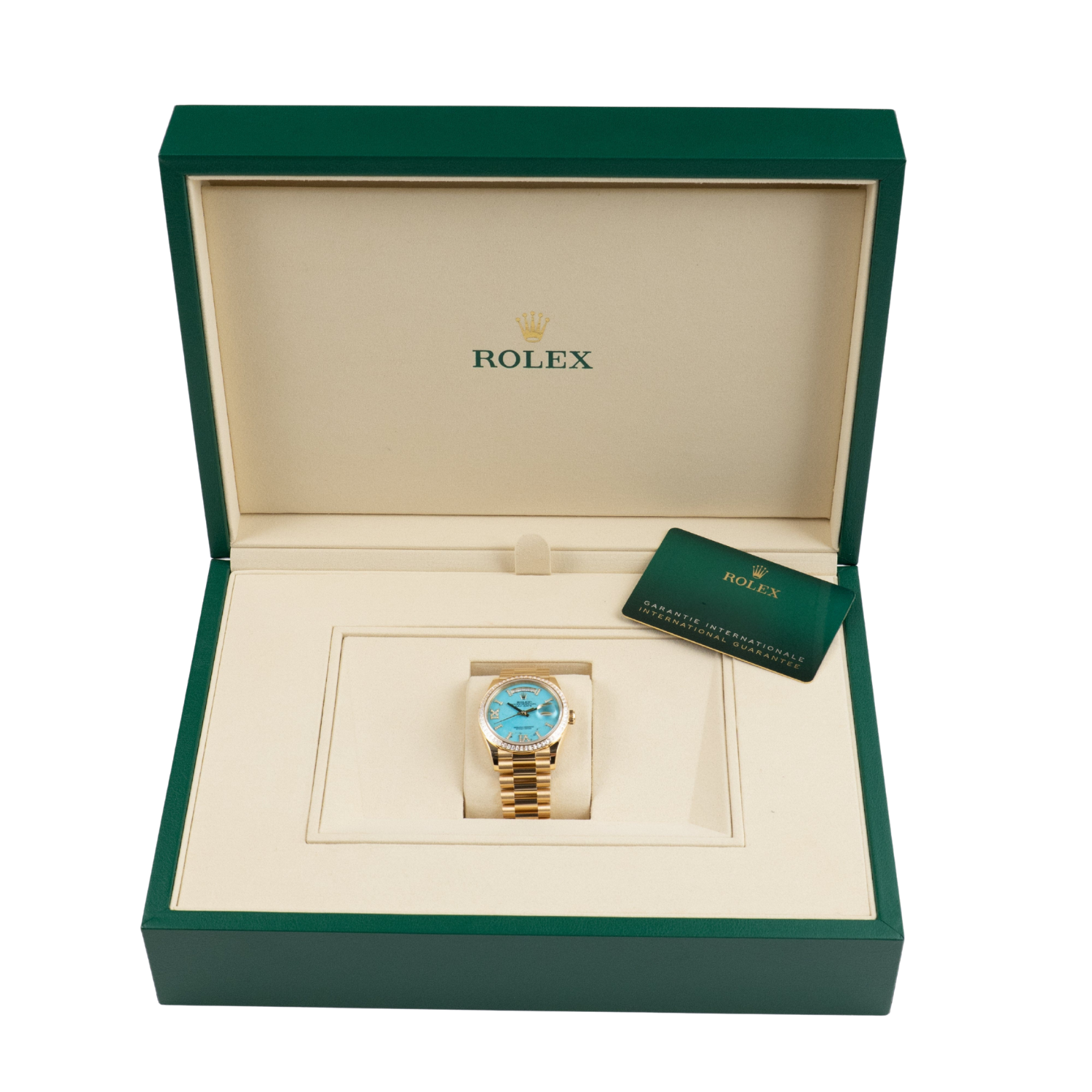Rolex Day-Date 36mm Yellow Gold Turquoise Stone Diamond Roman Numerals Dial Diamond Bezel 128398TBR - Image 8