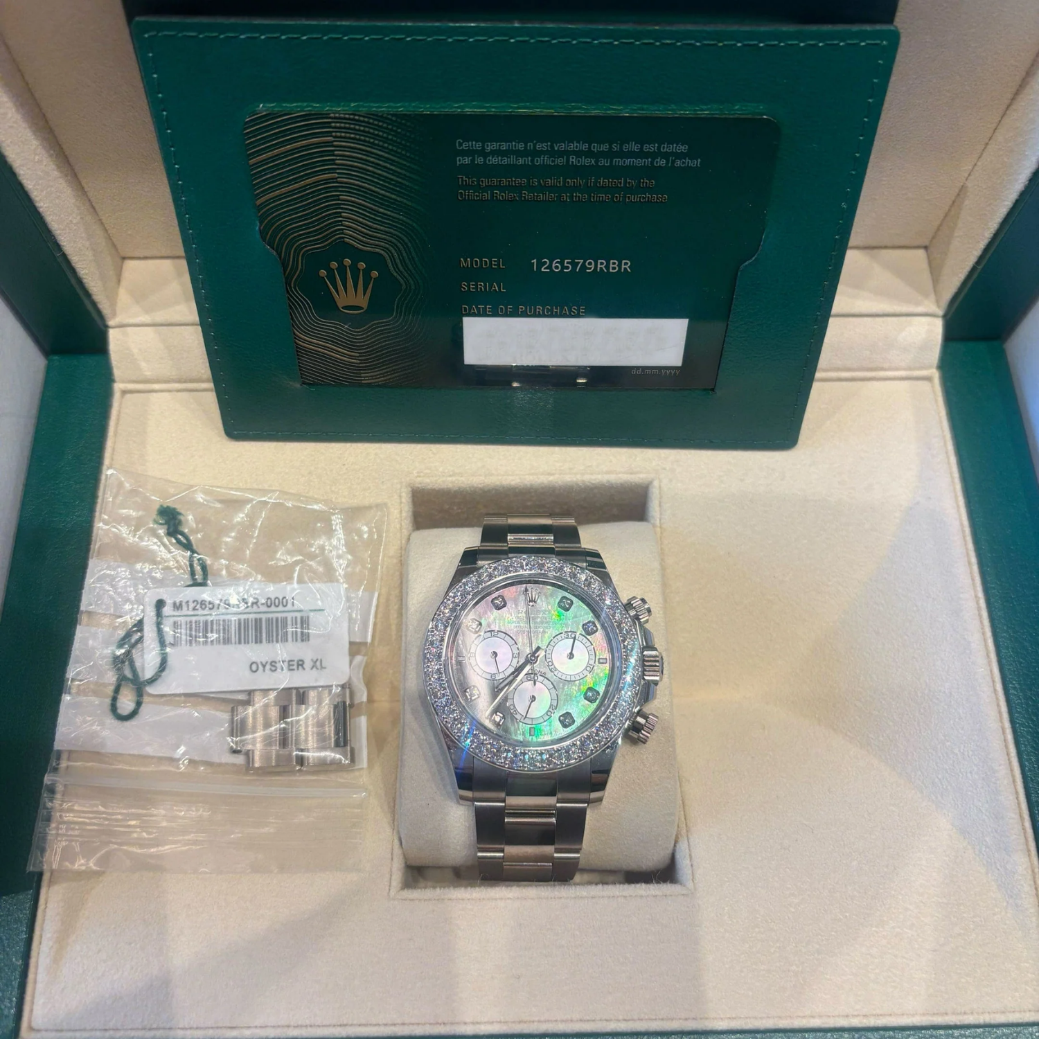 Rolex Daytona 40mm Oyster White Gold Black and White Mother of Pearl Diamond Dial & Bezel 126579RBR - Image 9