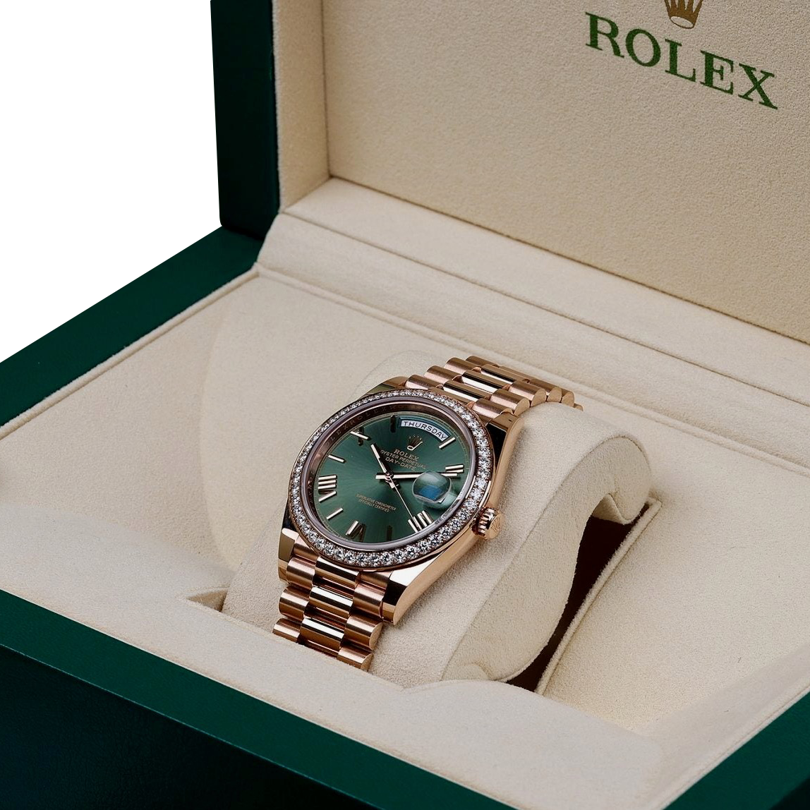 Rolex Day-Date President 40mm Everose Gold Olive Green Roman Dial Diamond Bezel ?C 228345RBR ?C New 2025 - Image 12