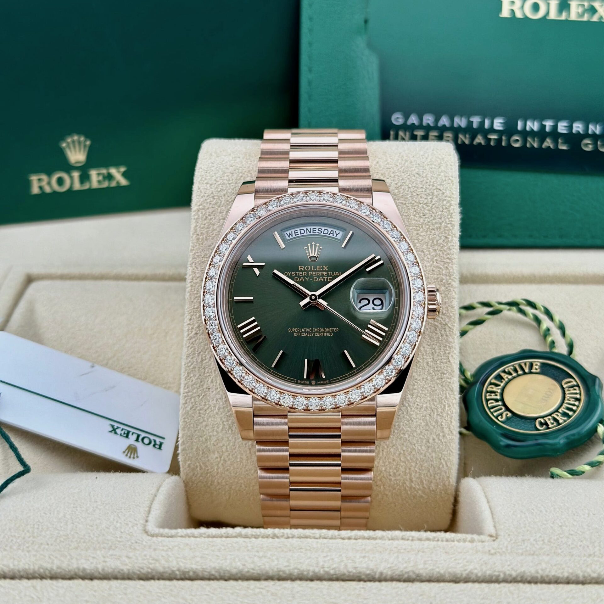 Rolex Day-Date President 40mm Everose Gold Olive Green Roman Dial Diamond Bezel ?C 228345RBR ?C New 2025 - Image 11