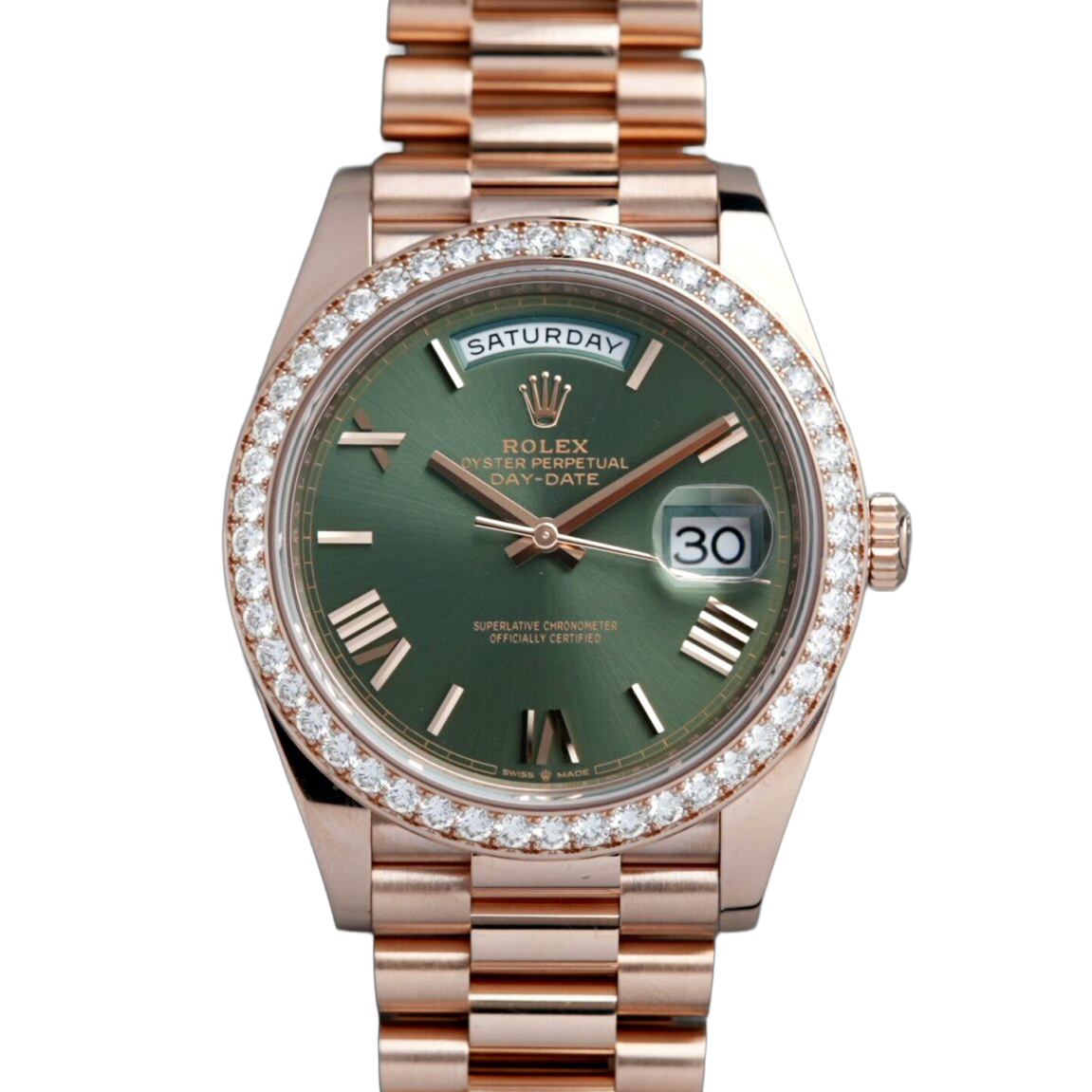 Rolex Day-Date President 40mm Everose Gold Olive Green Roman Dial Diamond Bezel ?C 228345RBR ?C New 2025 - Image 2