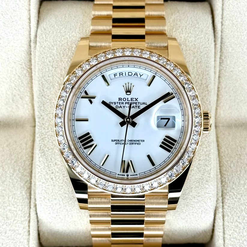 Rolex Day-Date 40 228348RBR Yellow Gold Diamond Bezel White Dial - Image 2