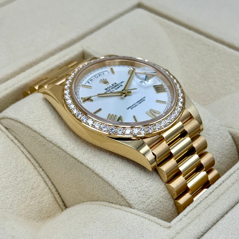 Rolex Day-Date 40 228348RBR Yellow Gold Diamond Bezel White Dial - Image 3