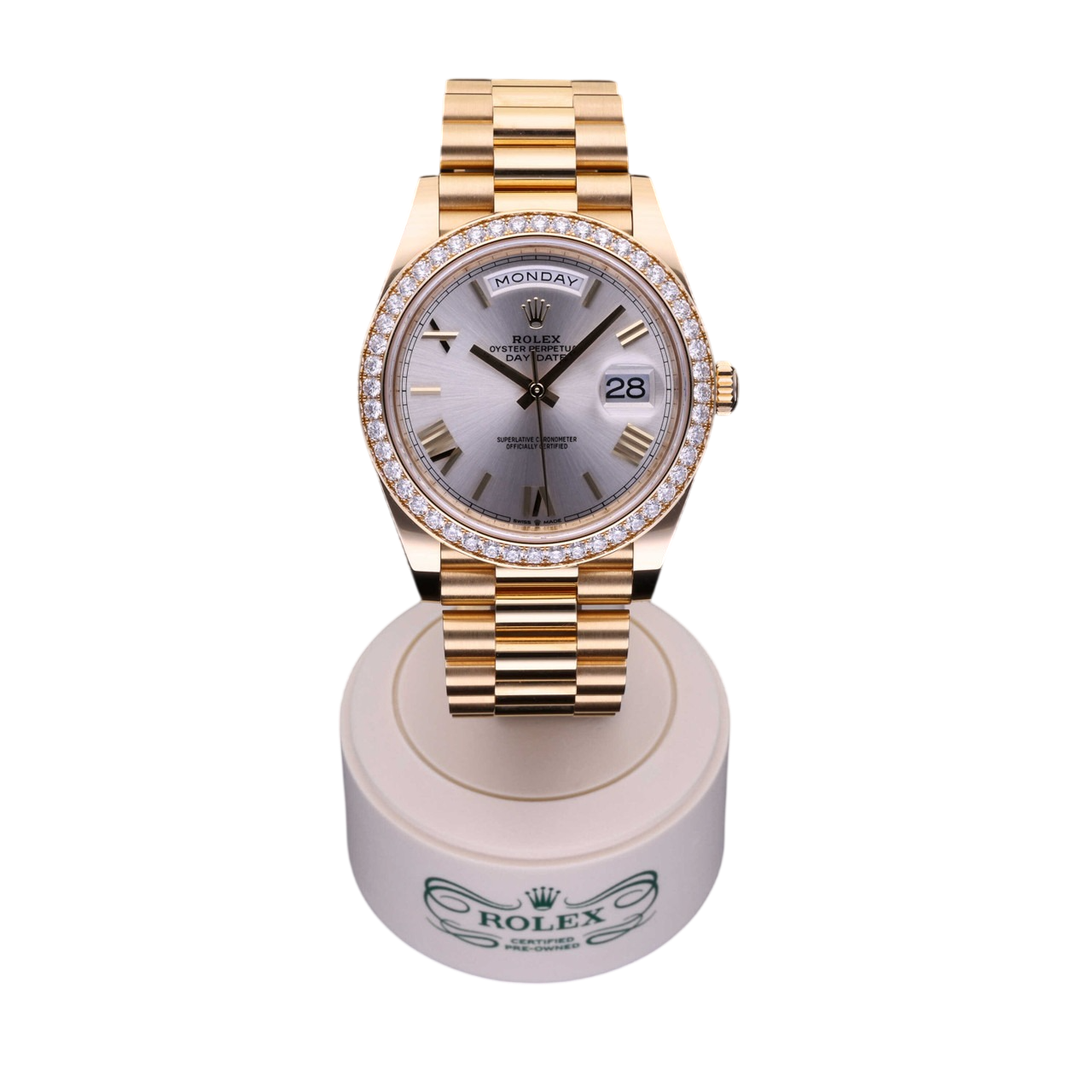 Rolex Day-Date 40 mm Yellow Gold Diamond Bezel Silver Dial M228348rbr-0007 - Image 3