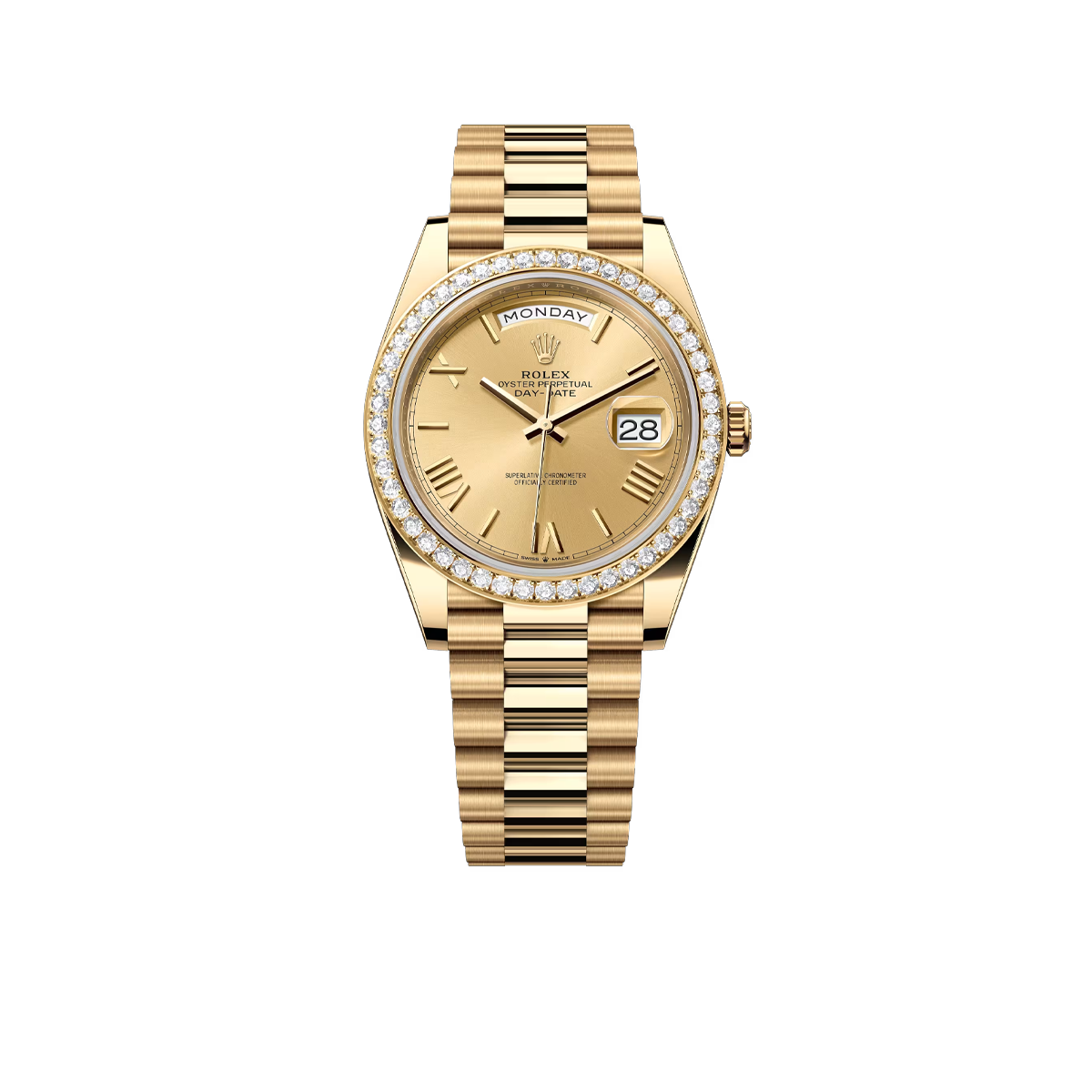 Rolex Day-Date 40 228348RBR Yellow Gold Diamond Bezel Champagne Roman Dial