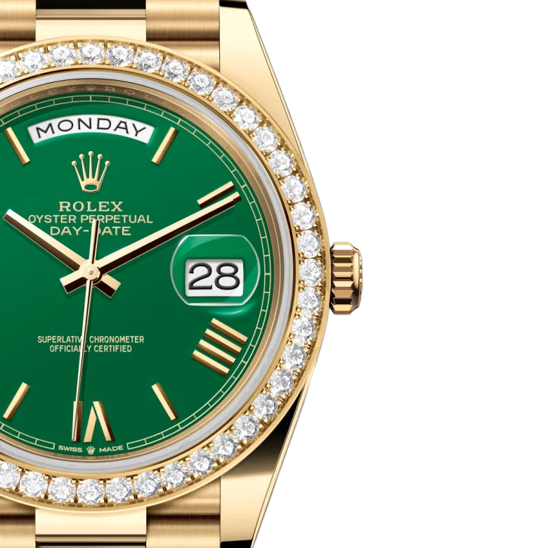 Rolex Day-Date 40 Yellow Gold Green Roman Numeral Dial Diamond Bezel M228348RBR-0040 - Image 2