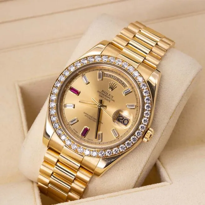 Rolex President Day-date II 41mm 218348 18k Yellow Gold Baguette Diamond & Ruby Dial - Image 3