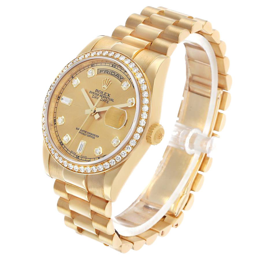 Rolex President Day-Date 36mm Yellow Gold Diamond Bezel Mens Watch 118348 - Image 2