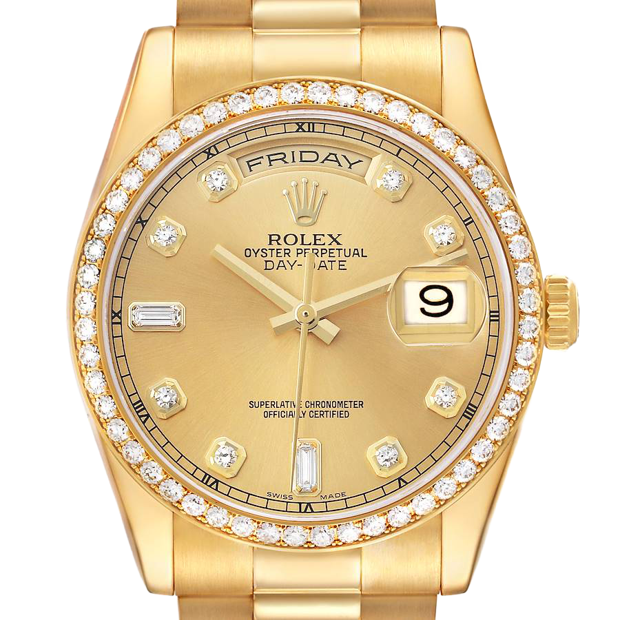 Rolex President Day-Date 36mm Yellow Gold Diamond Bezel Mens Watch 118348 - Image 3