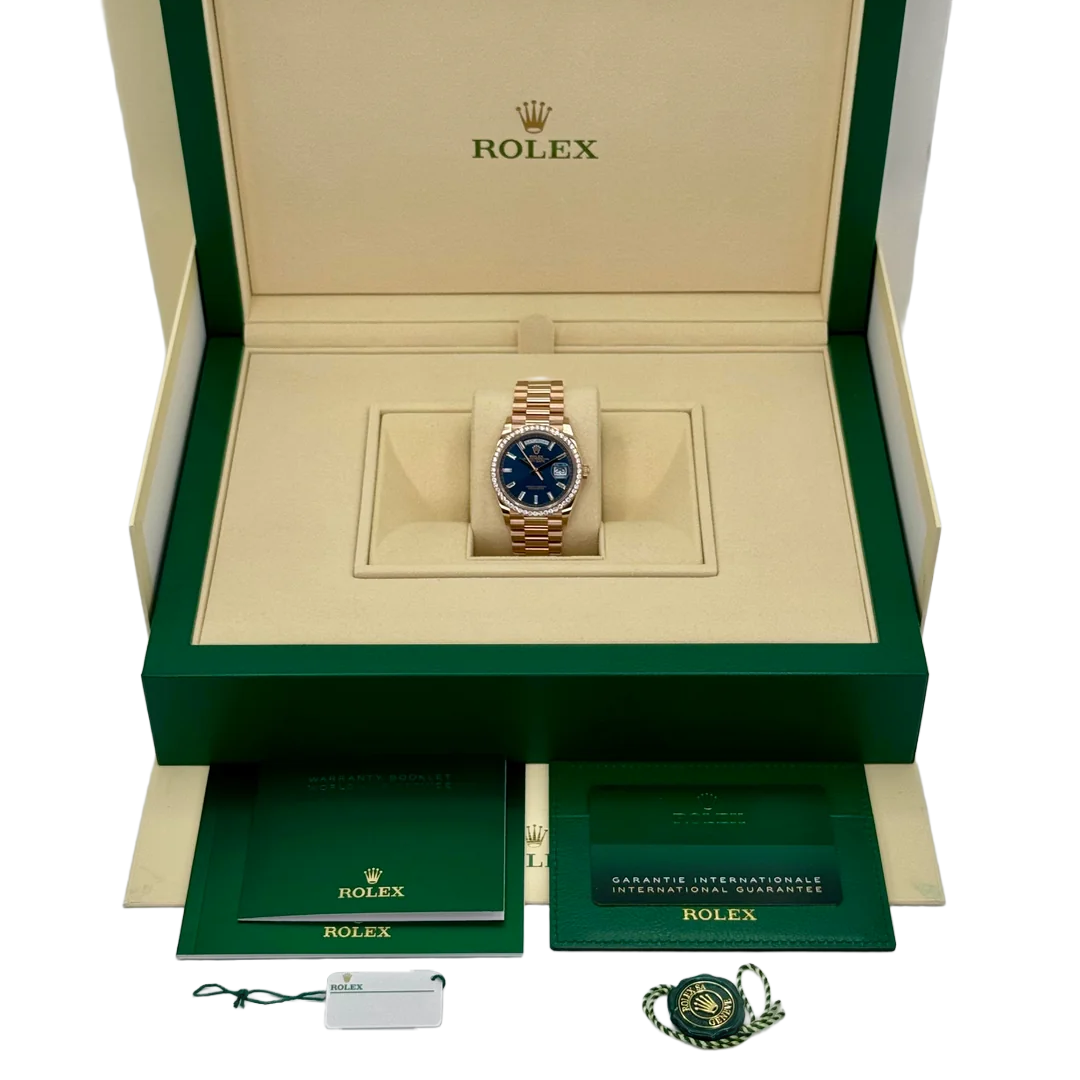 Rolex Day-Date 36mm 128345RBR Rose Gold Diamond Bezel Blue-Green Baguette Marker Dial - Image 7