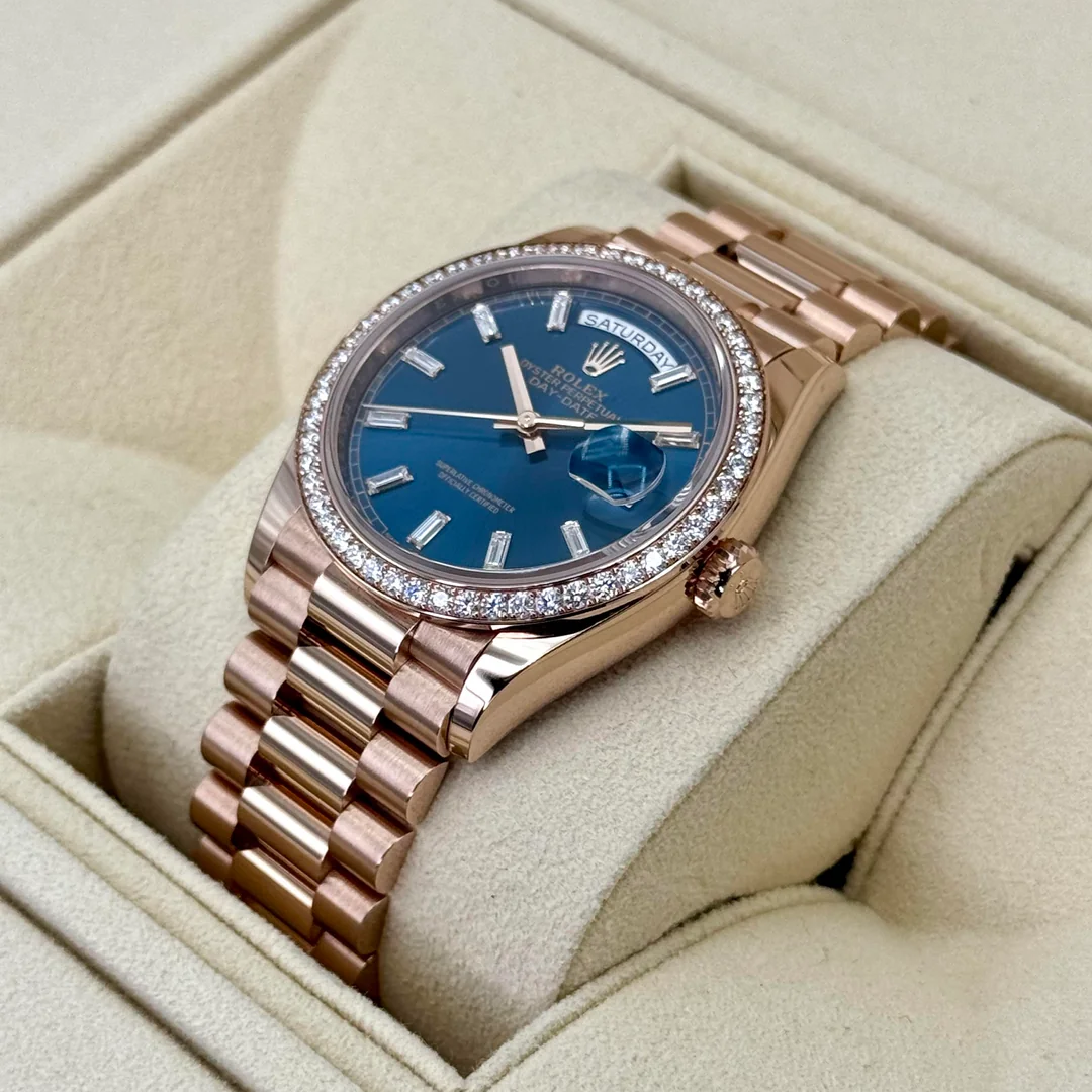 Rolex Day-Date 36mm 128345RBR Rose Gold Diamond Bezel Blue-Green Baguette Marker Dial - Image 2