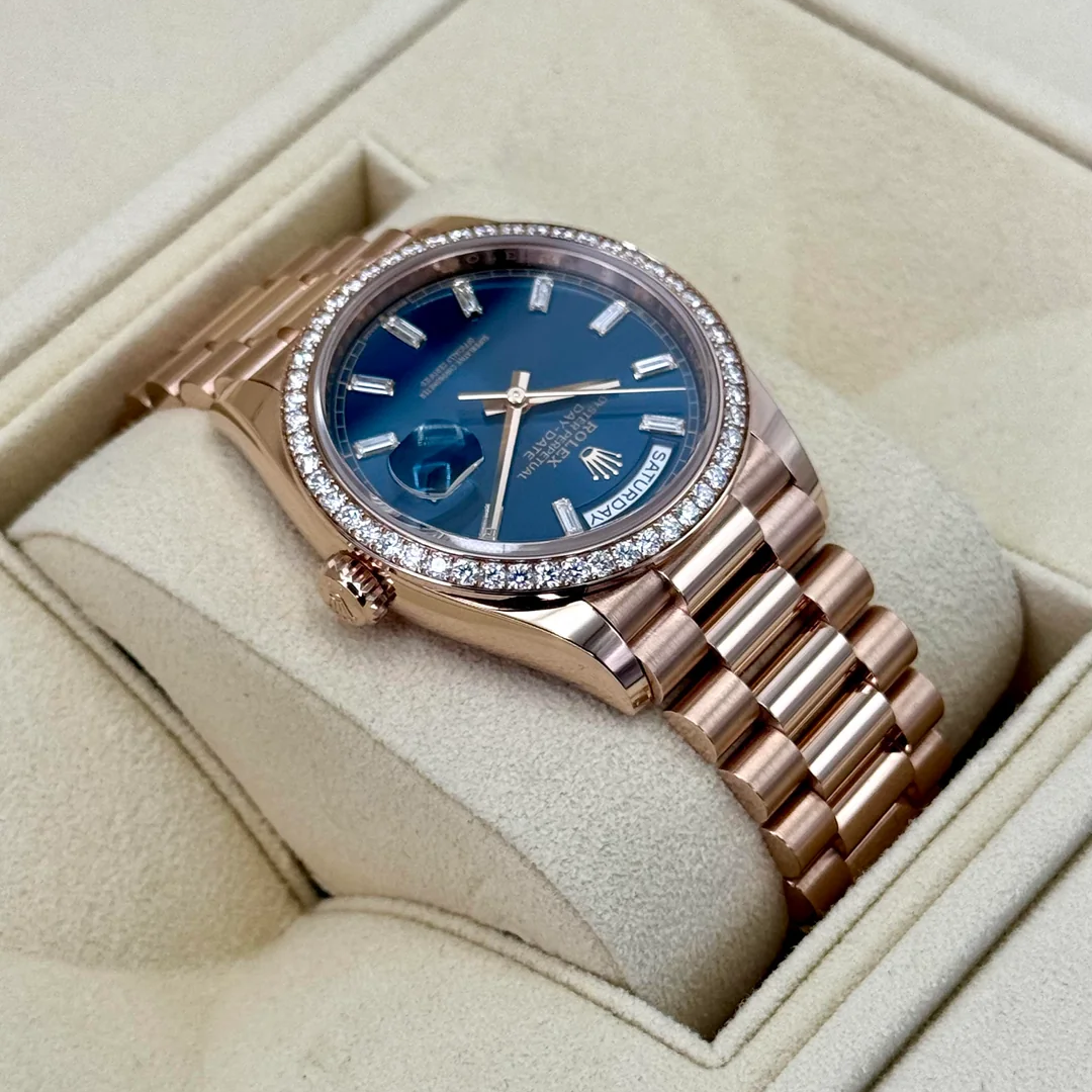 Rolex Day-Date 36mm 128345RBR Rose Gold Diamond Bezel Blue-Green Baguette Marker Dial - Image 4
