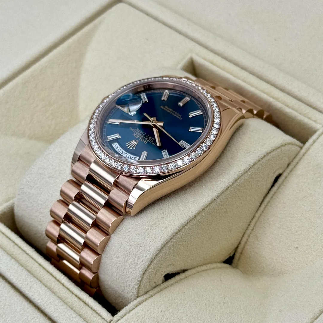 Rolex Day-Date 36mm 128345RBR Rose Gold Diamond Bezel Blue-Green Baguette Marker Dial - Image 5