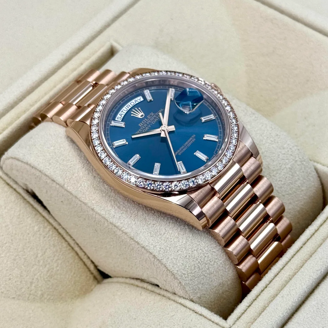 Rolex Day-Date 36mm 128345RBR Rose Gold Diamond Bezel Blue-Green Baguette Marker Dial - Image 3