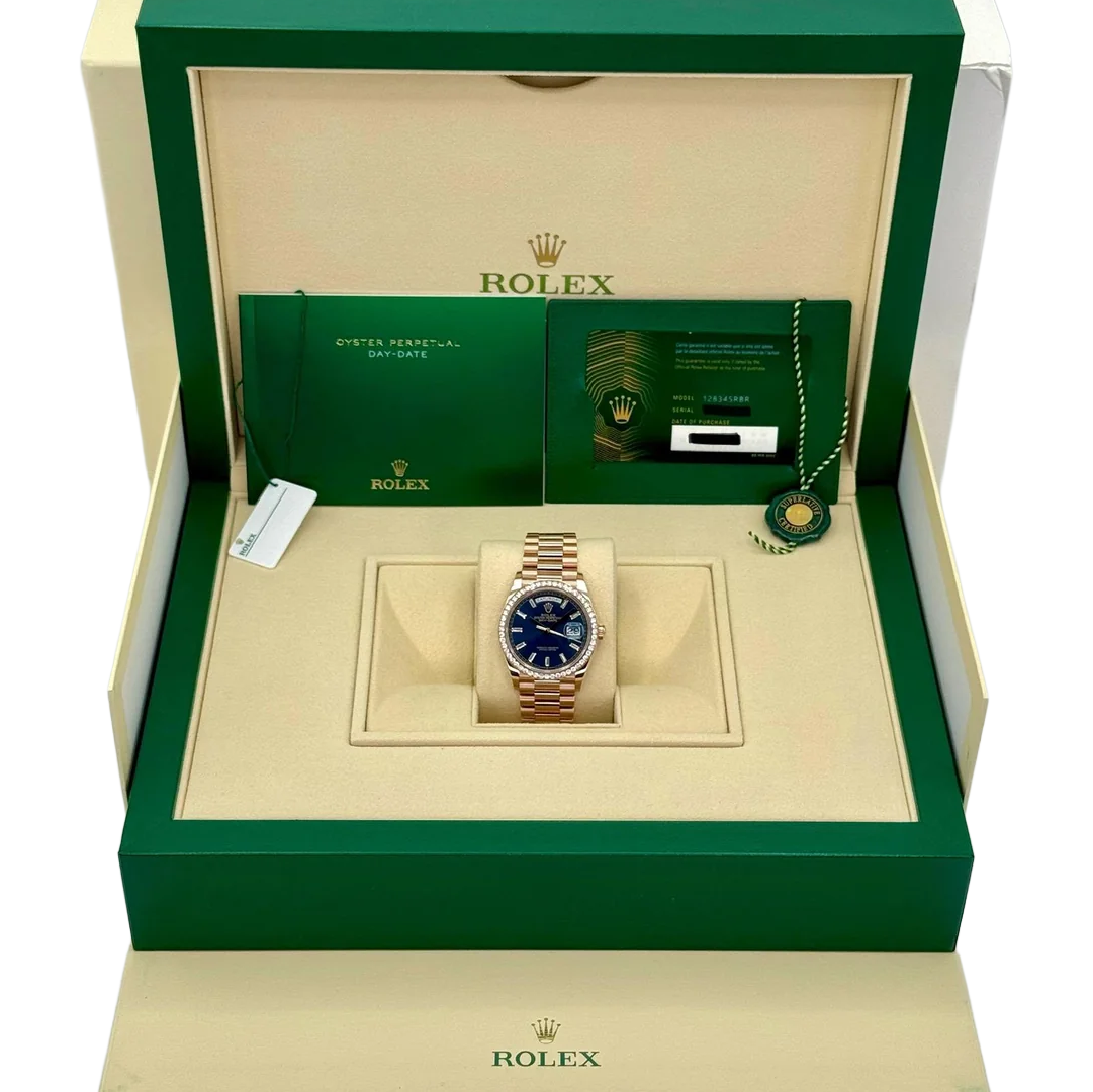 Rolex Day-Date 36mm 128345RBR Rose Gold Diamond Bezel Blue-Green Baguette Marker Dial - Image 6